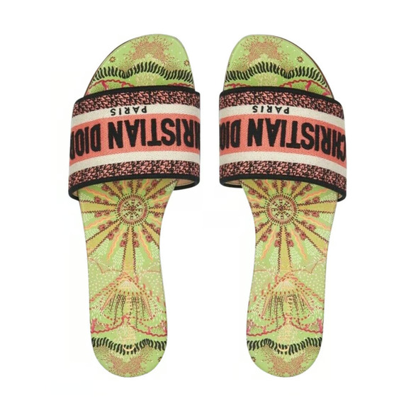 Christian Dior In Lights Dway Green Pink Embroidered Logo Slide Flat Sandal 35 - Picture 2 of 12